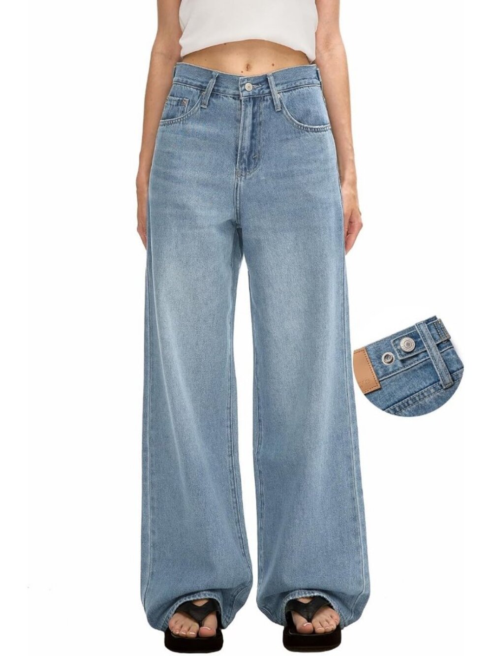 High-Rise Adjustable Waist Baggy Jeans, Snap-Button, Wide Leg Y2K Denim Trousers